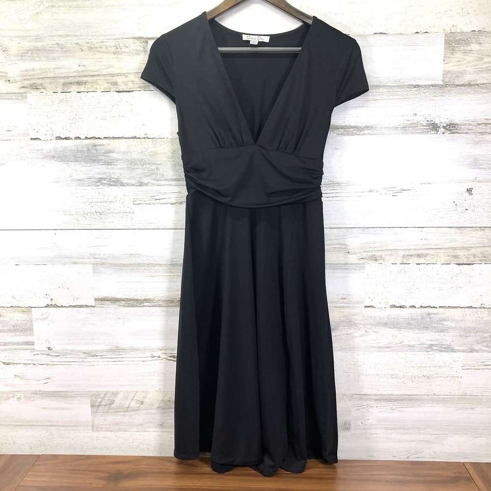 Dress‎ Day Womens Black V Neck Stretchy Cap Slv Fit & Flare Midi Dress Size M